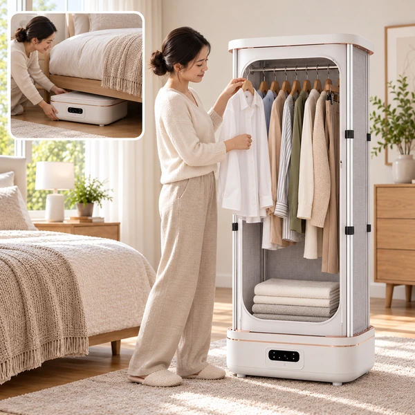 Asciugatrice e stiratrice verticale utilizzata in casa